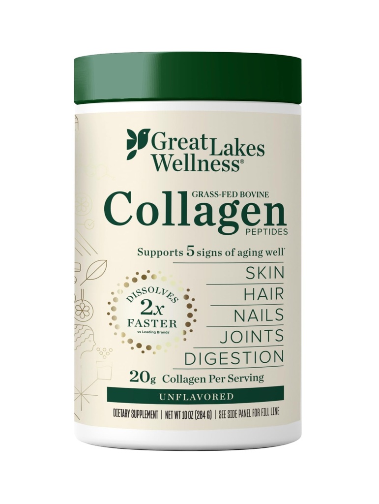 Great Lakes Wellness Collagen Peptides Powder for Skin, Hair, Nails, Joints & Digestie - Unflavored - Quick Solution Hydrolyzed, Non-GMO, Keto, Kosher - 10 oz