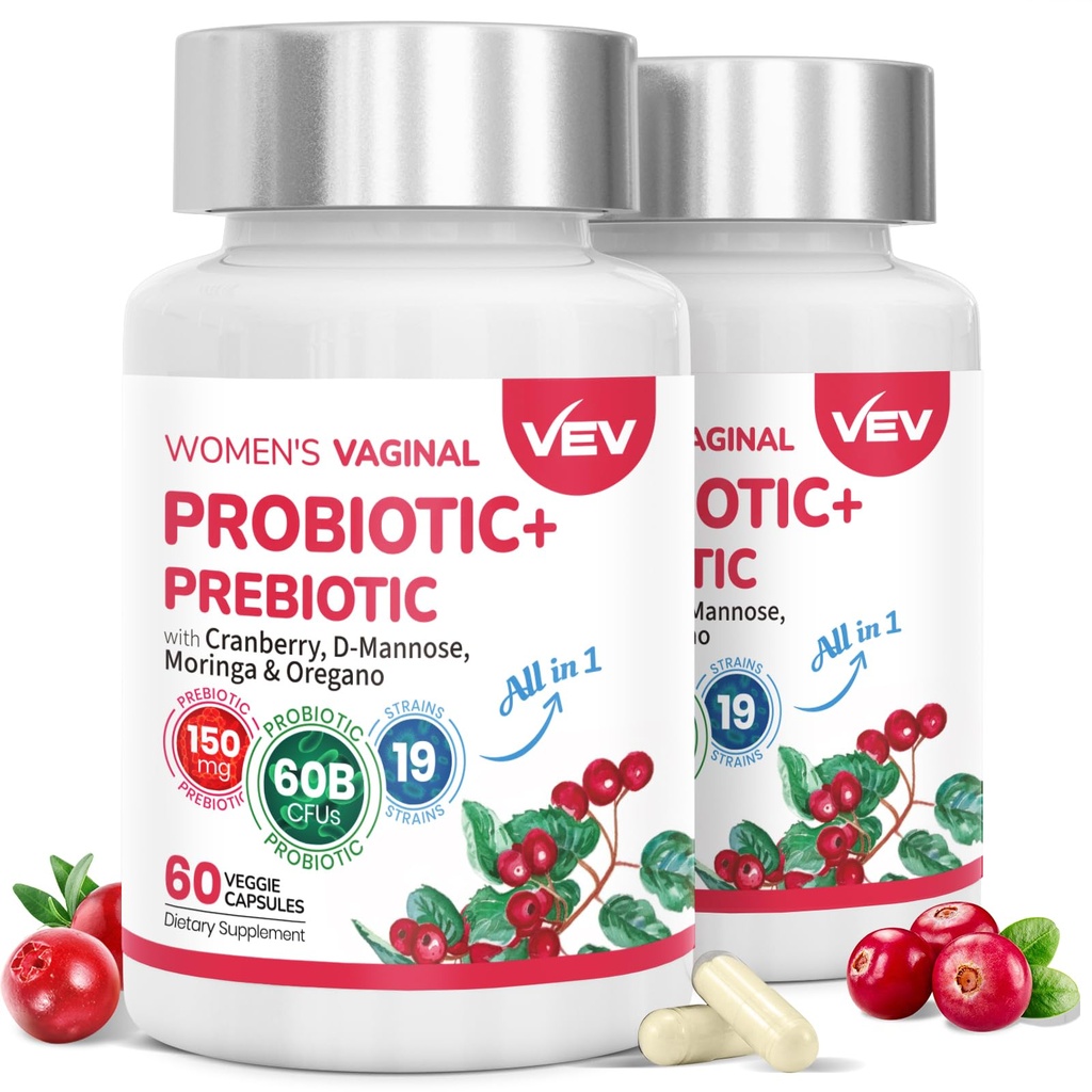 VEV Women's Vaginal Probiotics + Prebiotics, 60 Billion CFUs, 19 Strains with D-Mannose, Cranberry, Supports Digestive and Feminine Wellness, 120 Capsules (60-Day Supply) (Packaging May Vary)