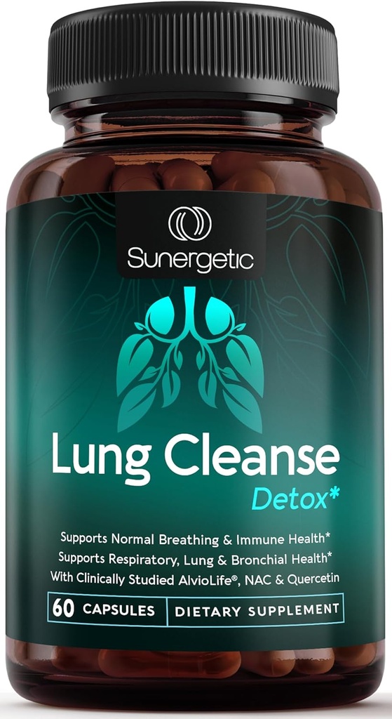 Sunergetic Premium Lung Support Supplement - Lung Cleanse & Detox Supplement met Mullein Leaf, NAC, Bromelain & Boswellia-Lung Health Formula voor ademhaling, ademen & Bronchial Health-60 Capsules
