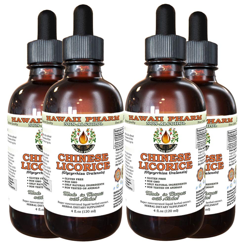 Hawaii Pharm Chinese Licorice Alcohol-Free Liquid Extract, Chinese Licorice (Glycyrrhiza Uralensis) Root Glycerite Natural Herbal Supplement 4x4 oz