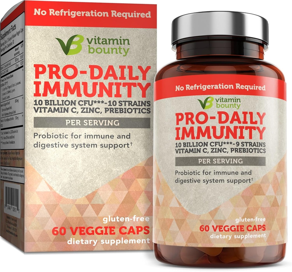 Vitamine Bounty Pro-Daily Probiotic - 10 miljard CFU Blend, Zink & Vitamine C voor Digestieve Gezondheid, Immune Support Prebioitcs en Probiotica voor vrouwen en mannen - 60 capsules