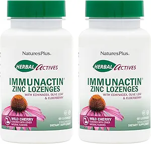 NaturesPlus Herbal Actives ImmunActin - 60 Zink Lozen, Pack of 2 - Wild Cherry Flavor - Ondersteunt Immune Health - met Echinacea, Vlierbessen & Olive Leaf - Glutenvrij - 120 Totaal porties