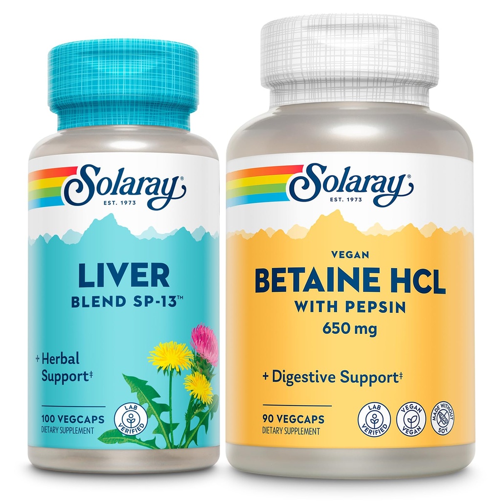 SOLARAY Liver Blend SP-13 and Vegan Betaine HCl with Pepsin - Wellness and Digestive Enzymes Bundle - Herbal Support w/Milk Thistle, Dandelion - Betaine Hydrochloride for Gut Health, 100/90 VegCaps