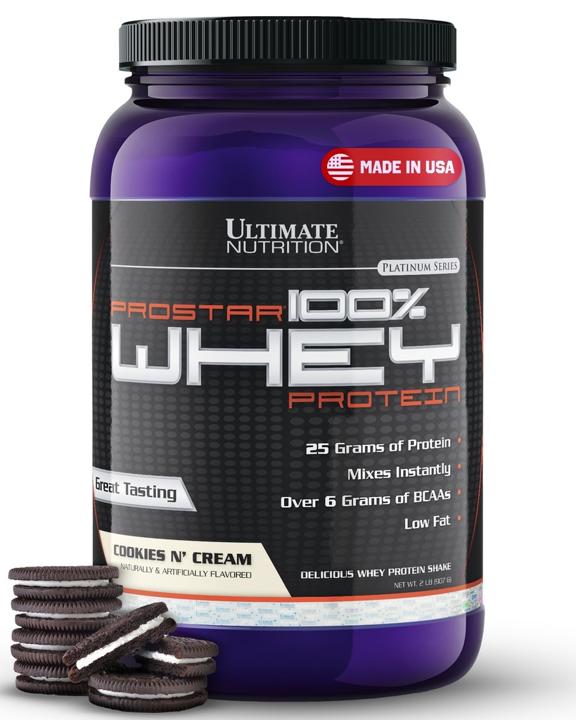 Ultimate Nutrition Prostar Whey Protein Powder Isolate, Cookies N Cream - Low Carb, High Protein Powder Shake for Muscle Gain & Recovery - Low Sodium, Low-Fat & Keto Friendly - 2 lbs Tub