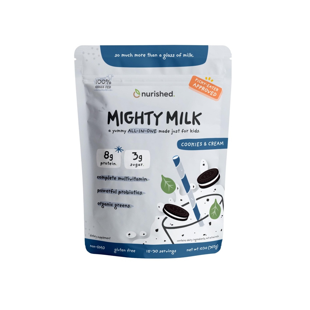 Cookies & Cream Mighty Milk - Kids All-in-One Daily Protein Powder & Multivitamin with Probiotics & Organic Spinach - Natural Flavors, Colors & Sweeteners - 15-30 Servings