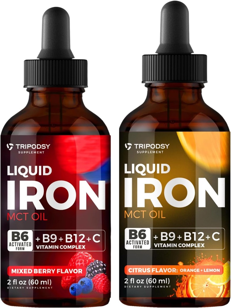 Liquid Iron Supplement, Iron Drops, Women and Men, B6, B9, B12, Vitamine C, Anemie, Blood Builder, Folate, Red Blood Cell, Immune Support, MCT Oil, Citrus, Mixed Berry