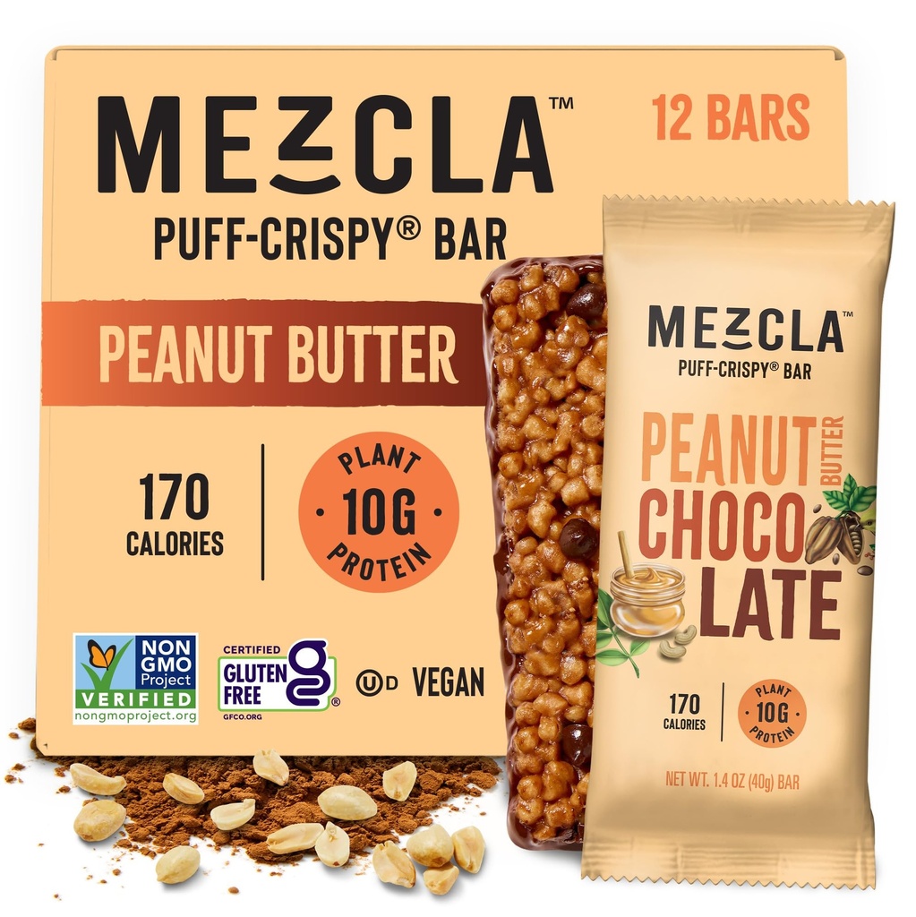 Mezcla Puff Crispy Protein Bars, Glutenvrije & Vegan Protein Bars, 10g Proteïne, Alt voor knapperige rijst Treat, Granola Bars & Breakfast Bars, Gezonde snacks voor volwassenen, Pindakaas Chocolade, 12 Pack