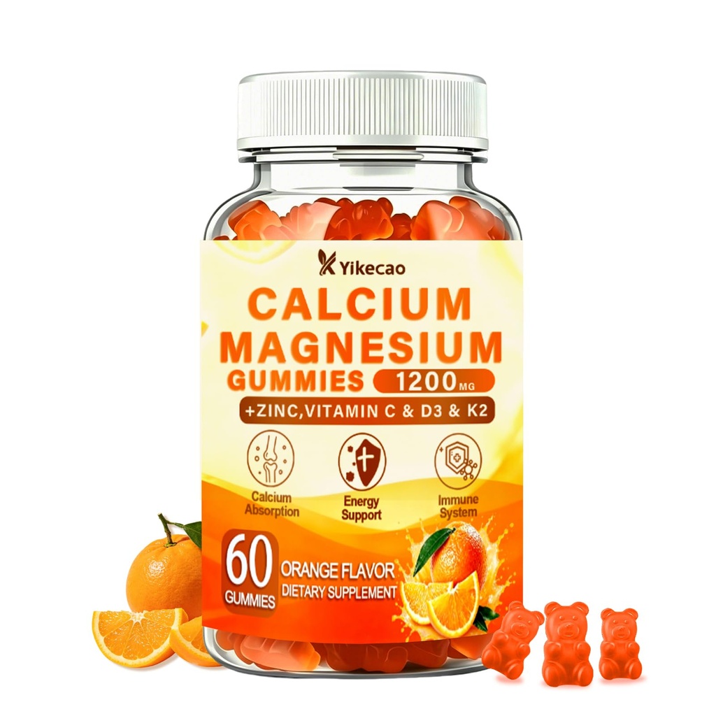 Calcium Magnesium Zinc Gummies with Vitamin D3 K2 | 1200mg Calcium Citrate for Women Men, Muscle Immune Support, Vegan, Sugar Free, Orange Flavor, 60 Count