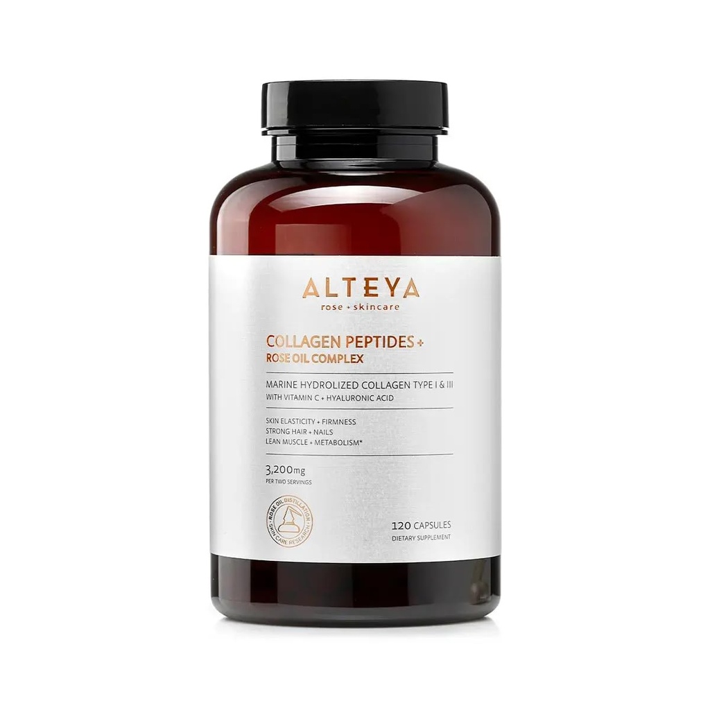 Alteya Organics Collagen Peptides & Rose Oil Complex – Beauty Supplement with 3200mg Marine Hydrolyzed Collagen Type I & III, Vitamin C & Hyaluronic Acid – Skin, Hair, Nail & Joint Support