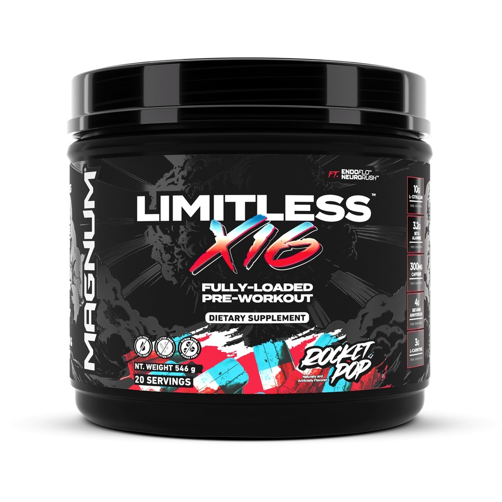 Magnum Limitless X16 Pre Workout Powder | Fully Loaded Pre-Workout Drink Mix with L-Citrulline, Beta Alanine & Betaine | Sugar Free, Vegan, Gluten Free | 20 Servings (Rocket Pop)