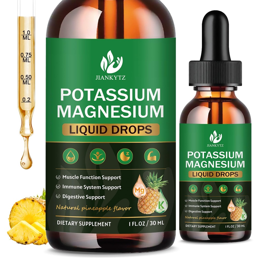 (2 Pack) Kalium Magnesium Supplement voor Immune Health & Muscle Support, Hoge Absorptie, Triple Magnesium Complex met Glycinate, Taurate, Citraat en Kalium, Ananas Flavour, 1 Fl Oz