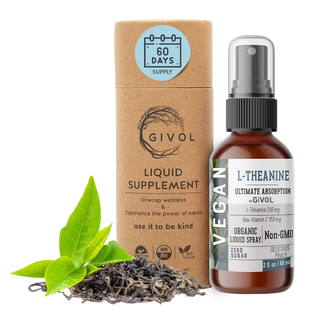 200mg L-Theanine & 150mg Vitamine C Liquid Spray voor kinderen en volwassenen - Real Peach Extract smaak - Non-GMO, Glutenvrij, Suikervrij, Alcoholvrij, Alle Natuurlijke - 2 Fl Oz 60 Days Supply