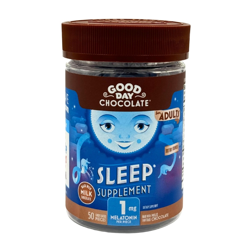 Good Day Chocolate Melatonin for Adults [ 50 Count ] - Fair Trade Non-GMO Milk Chocolate with Chamomile and Melatonin 1 mg - Adult Melatonin, Adult Natural Sleep Aid Supplement