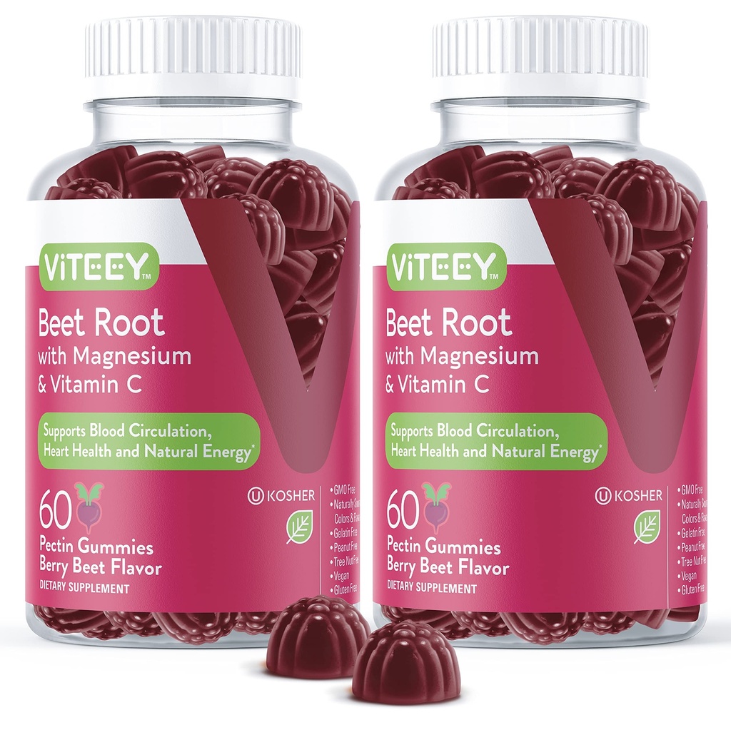 Viteey Beet Root Gummies with Magnesium & Vitamin C - Beetwortel Supplement for Heart Health, Blood Pressure Support - Vegan, Glutenvrije - 120 Tel.