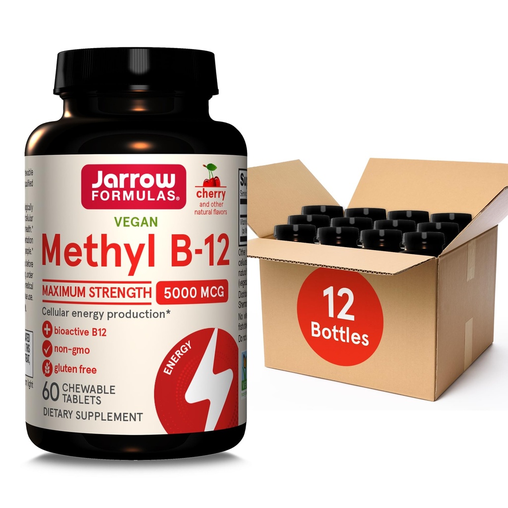 Jarrow Formules Maximale sterkte Methyl B-12 5000 mcg, Dieetsupplement voor Cellular Energy Production and Brain Health Support, 60 Cherry-Flavored Chewable Tablets, 60 Day Supply, Pack van 12