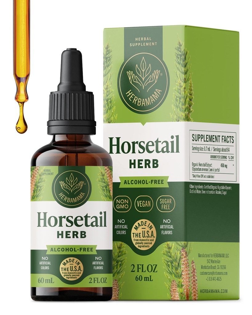 HERBAMAMA Horsetail Supplement Drops - Vegan Hair, Nail & Skin Care with Horsetail Extract - Non-GMO, Alcohol & Sugar-Free Liquid Hair Strengthening Tincture, 42-Day Supply