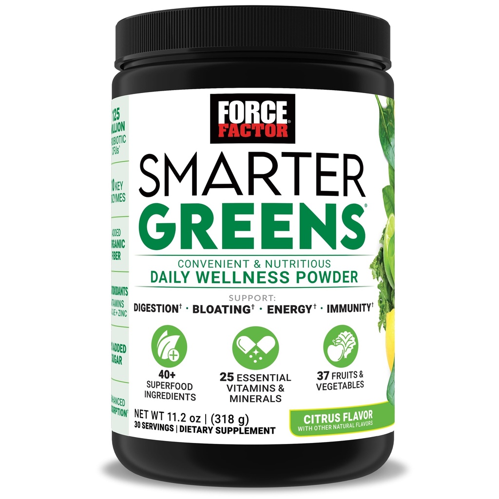 Force Factor Smarter Greens Daily Wellness Powder, Greens Superfood Powder to Support Gut Health, Bloating & Digestion, with 40+ Superfoods, 125 Million CFUs of Probiotics, Citrus Flavor, 30 Servings