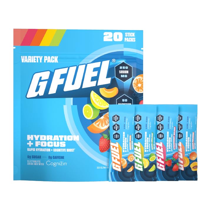 G Fuel Electrolytes Powder for Instant Hydration and Focus, Sugar Free Electrolytes Variety Pack of Lemon, Orange, Peach, Strawberry Flavors, Nootropic Drink Mixes To Sharpen Mental Focus, 20 Servings