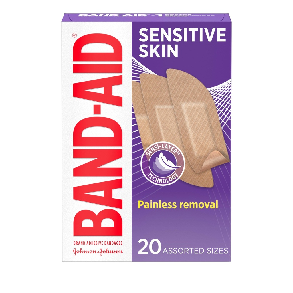 Bande adhésive de marque Band-Aid pour peau sensible, bandes de premiers soins hypoallergéniques avec élimination sans douleur, reste sur quand humide et approprié pour la peau Prone Eczema, stérile, assorties, 20 ct