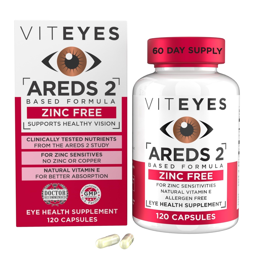 Vityeyes AREDS 2 Support Maculaire sans zinc, Capsules naturelles sans allergène avec vitamine E, vitamine C, lutéine et zéaxanthine, sans zinc, sans cuivre, sans médecin des yeux, fabriqués aux États-Unis, 120 Ct