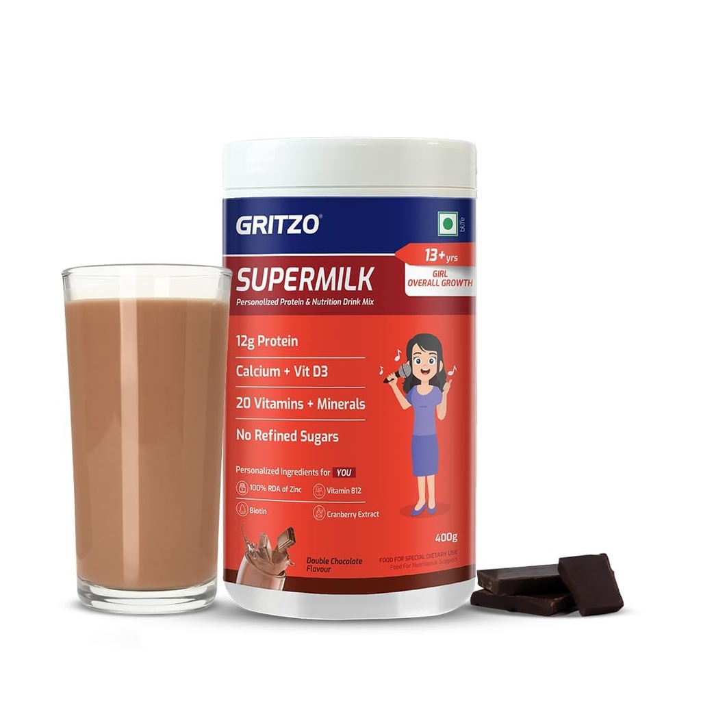 G_rit_zo SuperMilk Overall Growth (13+y Girls), 12g Protein Powder (Double Chocolate, 400g) | Zero Refined Sugar, 20 Vitamins & Minerals