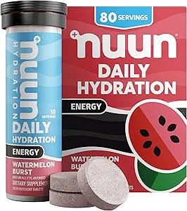 Tablettes électrolytes Nuun Energy avec Ginseng, caféine extraite de thé vert, vitamine B12, B6, B5, magnésium et 4 autres électrolytes, sans gluten et végétalien, pastèque Burst, 8 pack (80 portions Total)