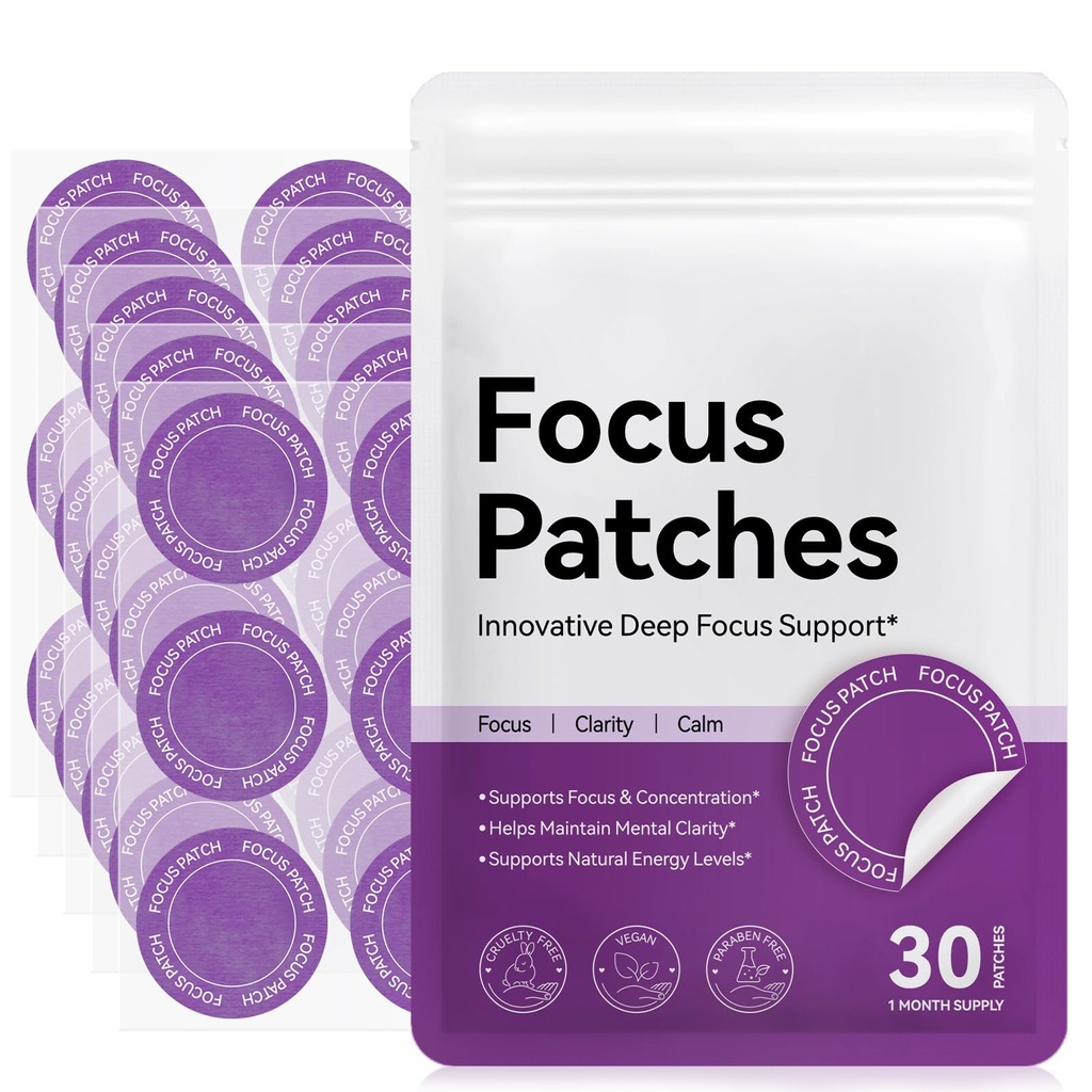 Focus Patches Extra Strength, Natural Focus Enhancing Stickers for Adults & Kids - Boost Attention, Concentration & Mental Clarity, with Red Ginseng, Lion's Mane, Theanine, Vegan-Friendly 30 Patches