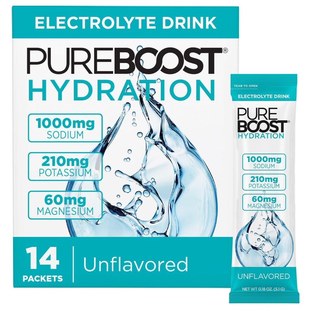 Pureboost Sugar Free Electrolyte Hydration Powder Packets – Unflavored, 14 Count – Zero Calories – Fast Hydration Drink Mix with 1000mg Sodium, Potassium & Magnesium