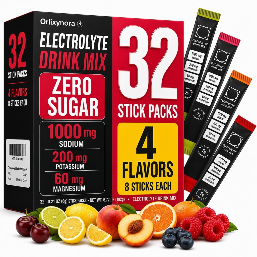 Electrolyte Drink Mix, Zero Sugar Powder, 32 Stick Packs, 4 Flavors | Hydration Support with Essential Electrolytes, Sodium, Potassium & Magnesium Blend