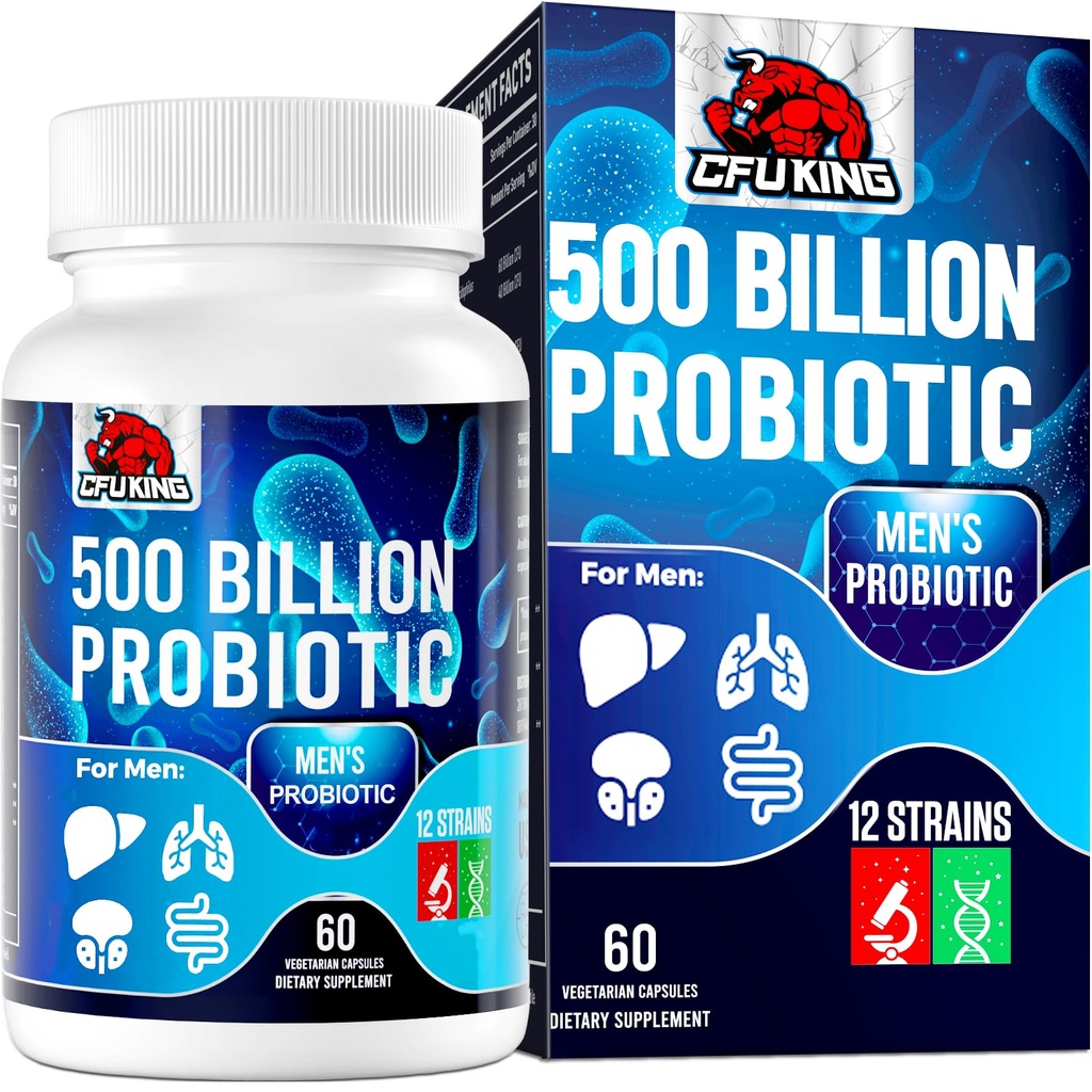 Probiotica voor mannen, 500 Miljard CFU & 12 Heren Probiotica voor de spijsverteringsgezondheid + 4 Biologische Prebiotische Vezel, voor de spijsvertering, Gut, Immune Health, Opgeblazen, Gas, Energie Ondersteuning, Plank Stabiel - 60 Capsules