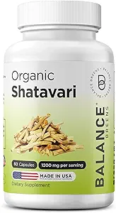 Shatavari biologique 1200mg, 60 Capsules - Vitamines de soutien à l'allaitement, Équilibre hormonal pour les femmes, Racine d'asperge Racemosus