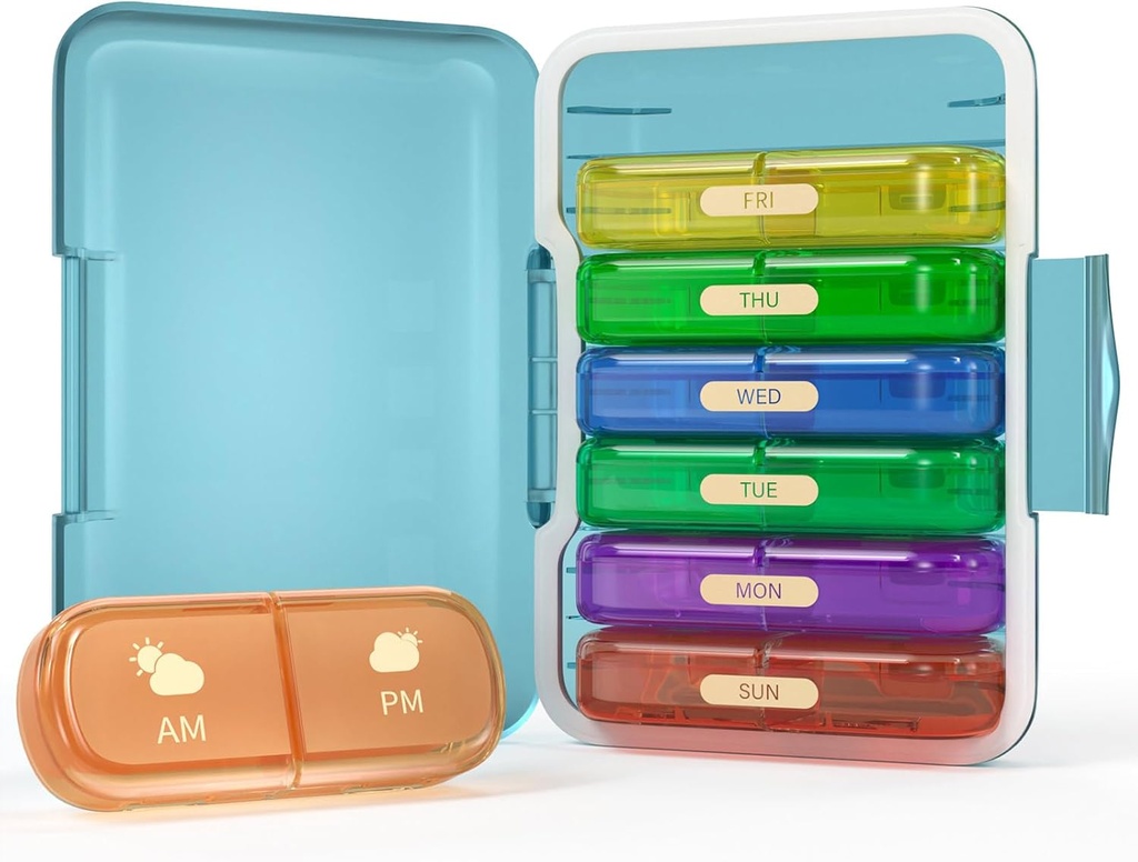 Wekelijkse pil Organisator 2 keer per dag, 7 dagen pil Box 2 keer, Portable for Travel Pill Case for Pillen/Vitamine/Vish Oil/Medication/Suplements (2x7 Blue+Rainbow)