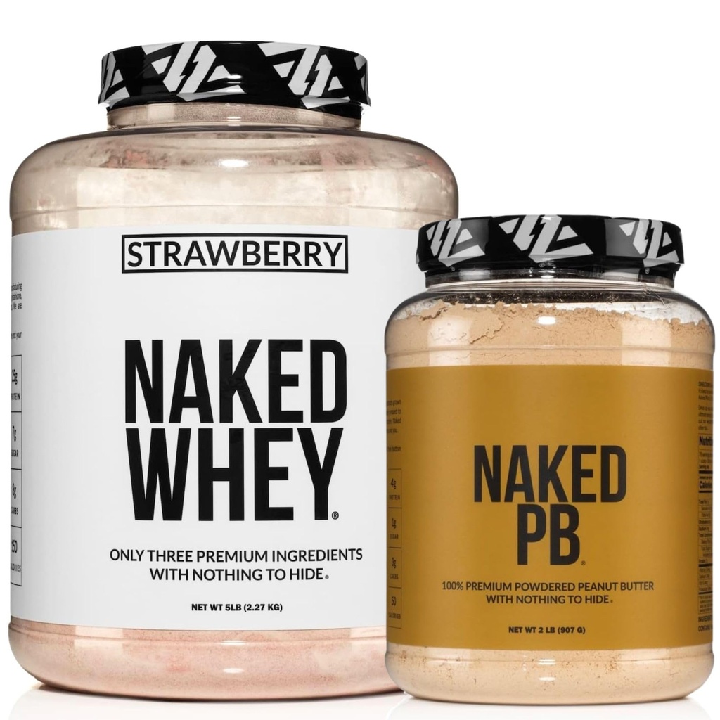 NAKED Strawberry Whey Protein Powder 5LB (61 Servings) + PB Powdered Peanut Butter 2LB (76 Servings) – Grass-Fed; Bulk; Non-GMO; Gluten Free; Soy Free; Vegan