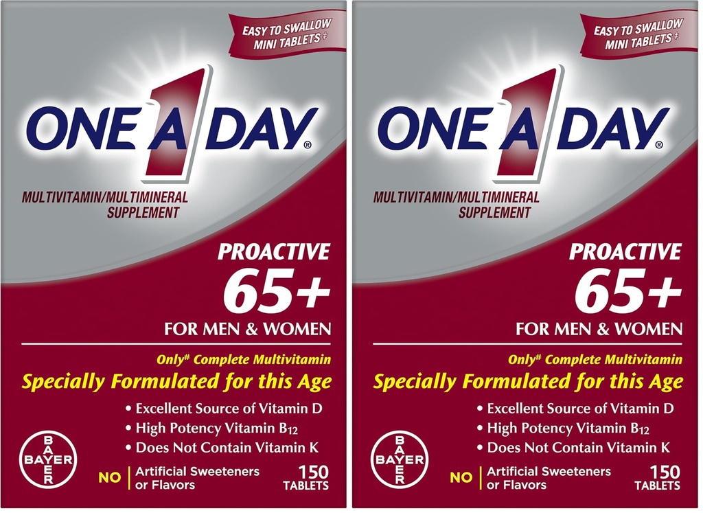 ONE A DAY Proactive 65+, Mens & Womens Multivitamine, supplement met vitamine A, vitamine C, vitamine D en zink voor Immune Health Support*, Calcium, Folic Acid & More, Tablet 150 Tellen (pakket van 2)