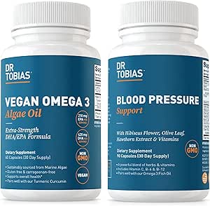 Dr. Tobias Vegan Omega 3 Algenolie en Blood Pressure Support Supplement, Ondersteunt Normale Circulatoire Gezondheid, Gut Immune Functie en Algemene Wellness, Non-GMO