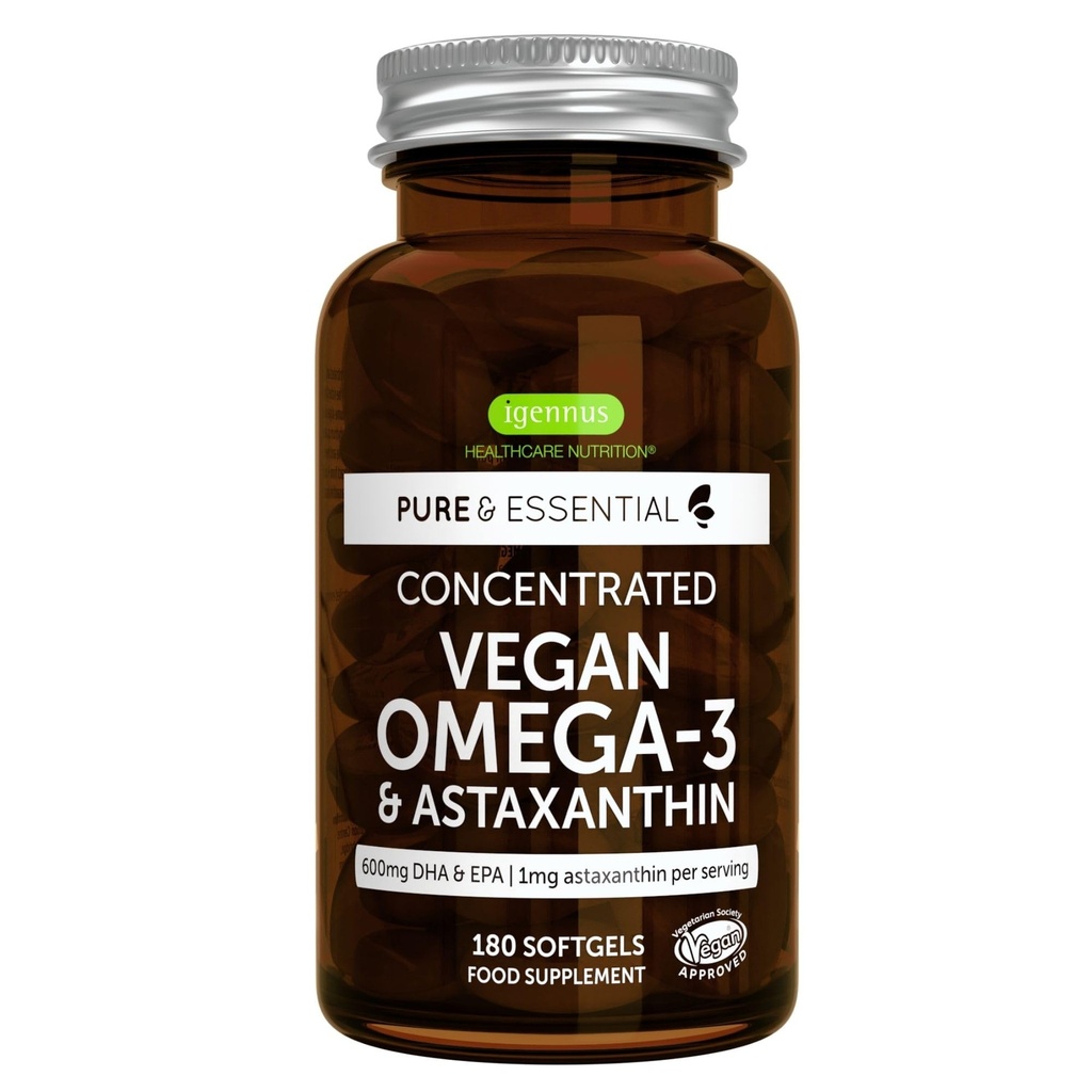 Igennus Vegan Omega-3 Natural Triglyceride Algen Oil, DHA & EPA Fatty Acid Supplement, 180 Kleine Softgels met Astaxanthine, Gemakkelijk doorslikken, Pure & Sustainable, 90 porties