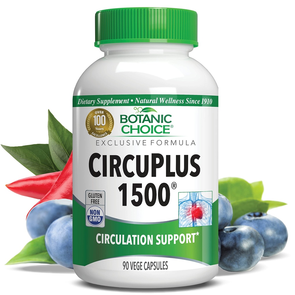 Botanic Choice CircuPlus 1500 - Heart Health & Circulation and Vein Support Supplement - Vitamine B1, Cayenne Pepper, Hawthorn, Ginkgo Biloba voor volwassenen Mannen en vrouwen (90 capsules)