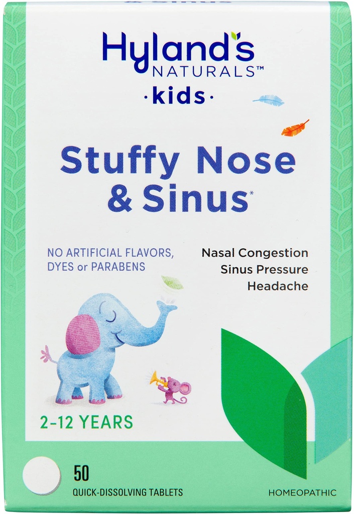 Hyland's Kids Stuffy Neus en Sinus Tablets, Koude Geneeskunde voor kinderen leeftijden 2 en ouder, Hoofdpijn Relief en Neus Decongestant, Quick Dissolving Tablets, 50 Tellen
