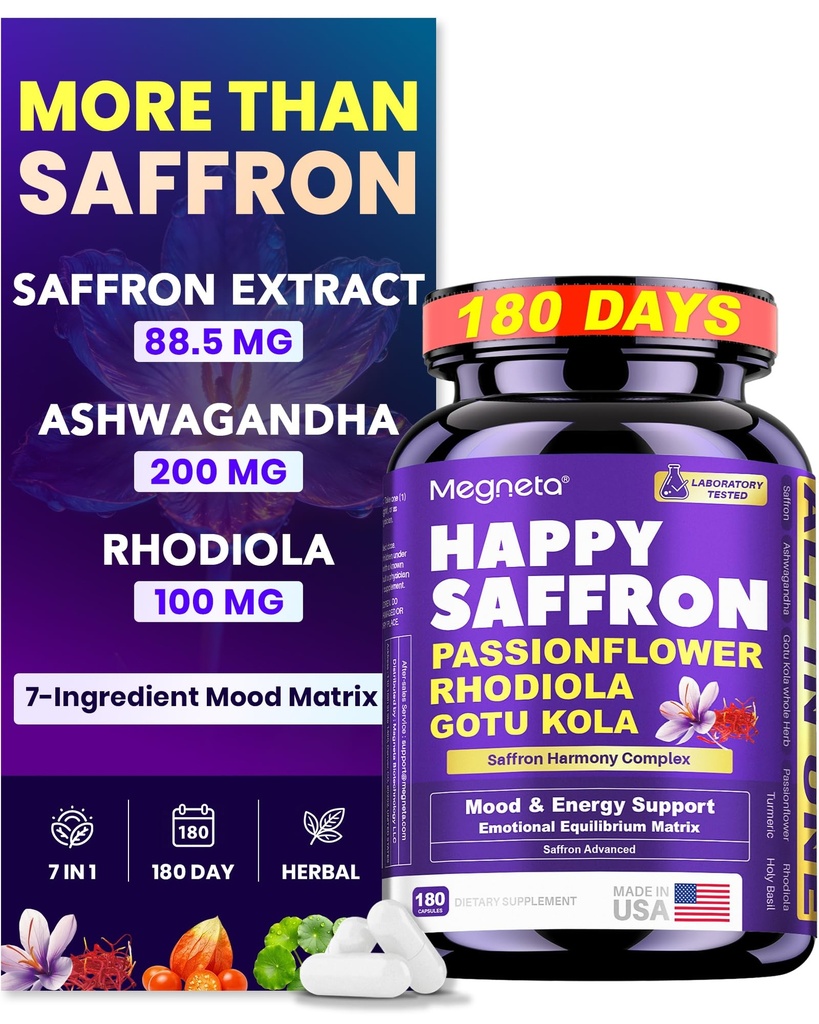Saffron Supplements, Saffron Extract 88.5mg with Ashwagandha, Rhodiola, Gotu Kola & Passionflower, Mood & Energy Support for Women & Men, Vegan, 180 Capsules