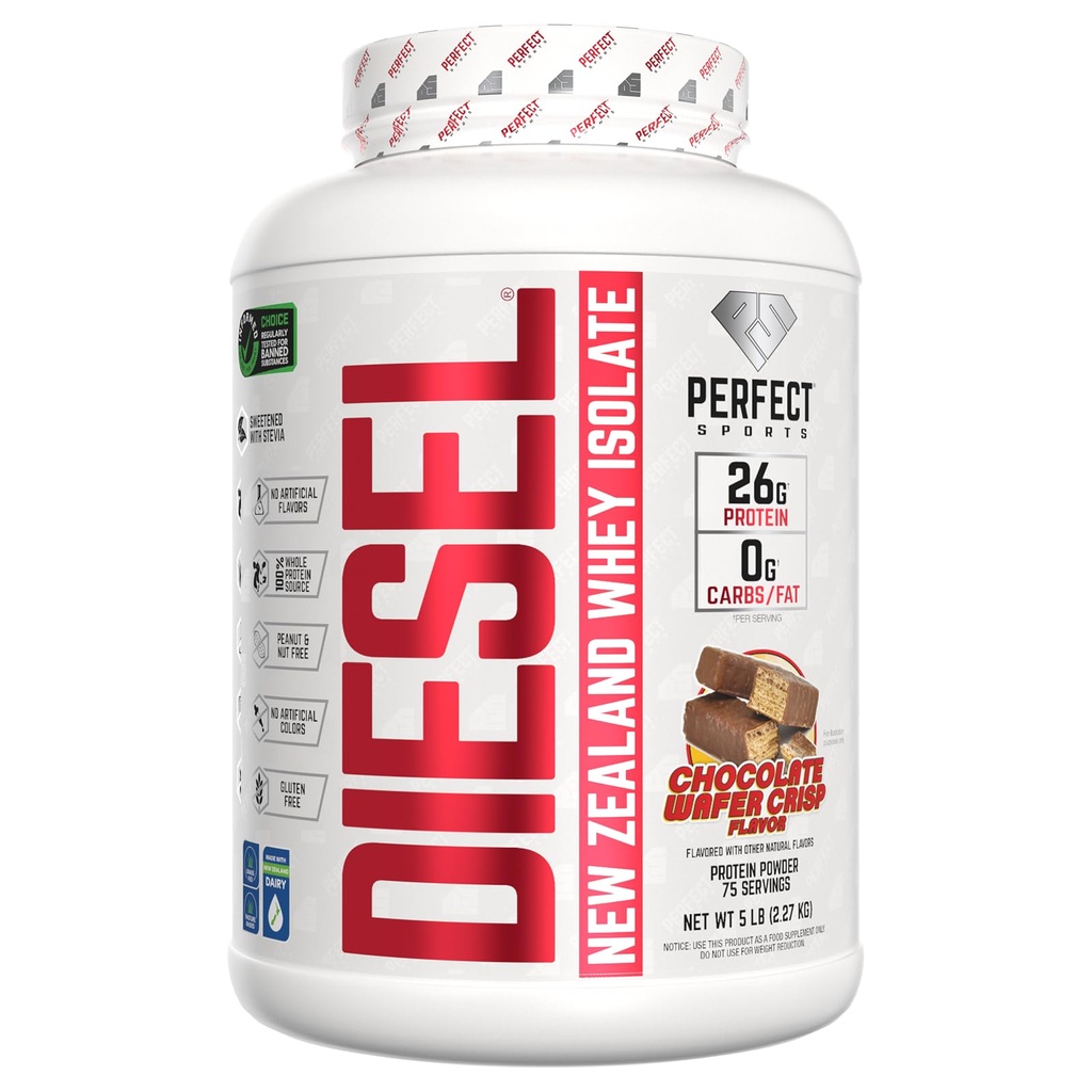 PERFECT SPORTS Diesel 100% New Zealand Whey Protein Isolate | Stevia Sweetened, No Artificial Ingredients, Keto | 0g Carb, 0g Fat, 26g Protein | 5 Pounds (Chocolate Wafer Crisp)