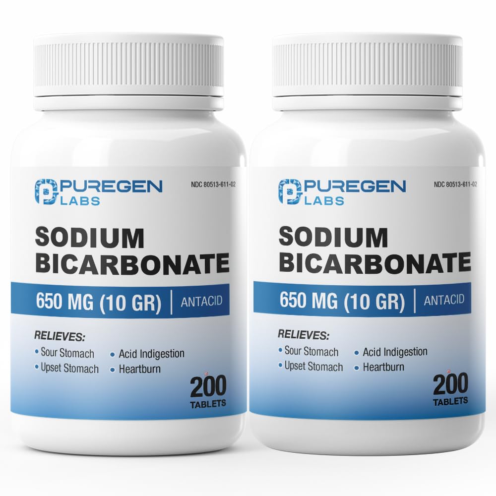 Puregen Labs Sodium Bicarbonate Tablets 650mg (10 Grains) | 200 Count | Relief of Acid Indigestion, Heartburn, Sour Stomach & Upset Stomach (2)
