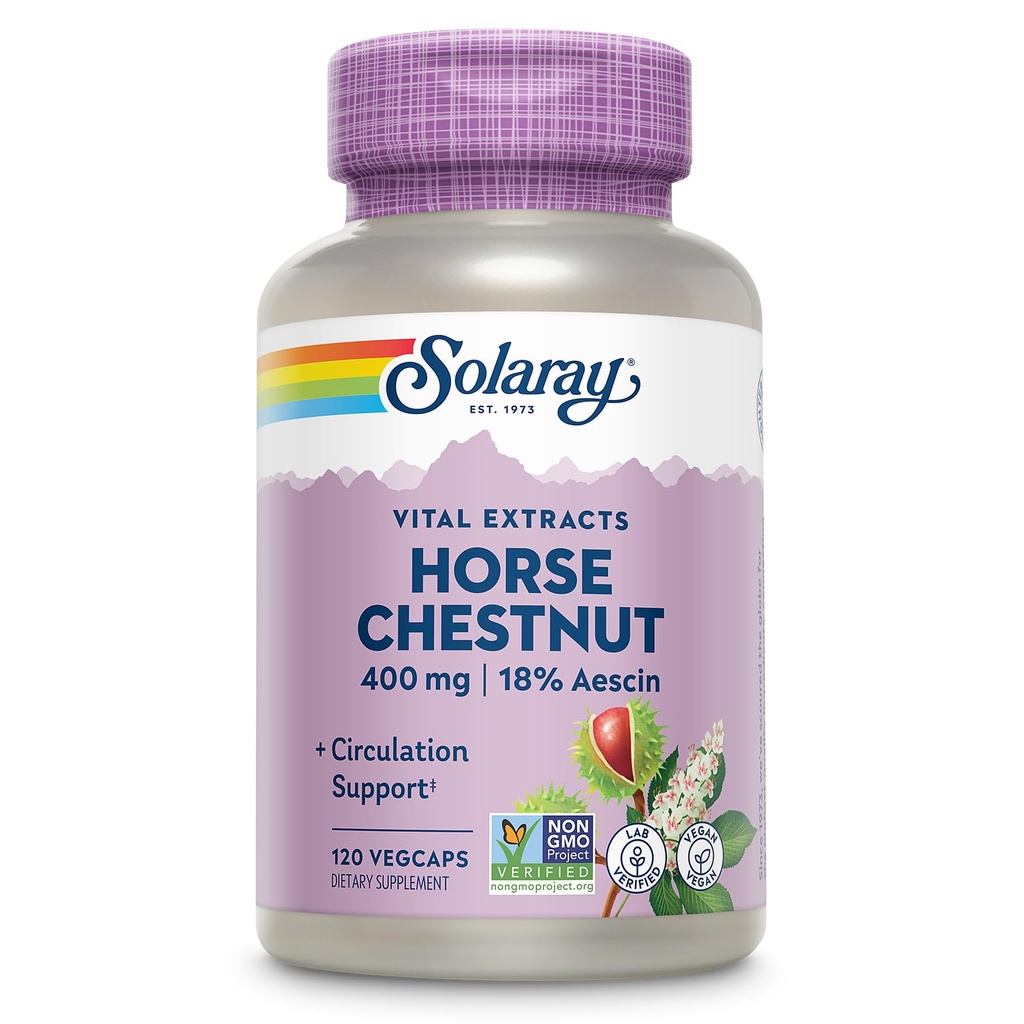 SOLARAY Horse Chestnut Extract 400 mg - Standardized to 72 mg Aescin - with 55 mg of Butchers Broom - Vein and Blood Circulation Supplements - Vegan, Non-GMO, 60-Day Guarantee, 120 Serv, 120 VegCaps