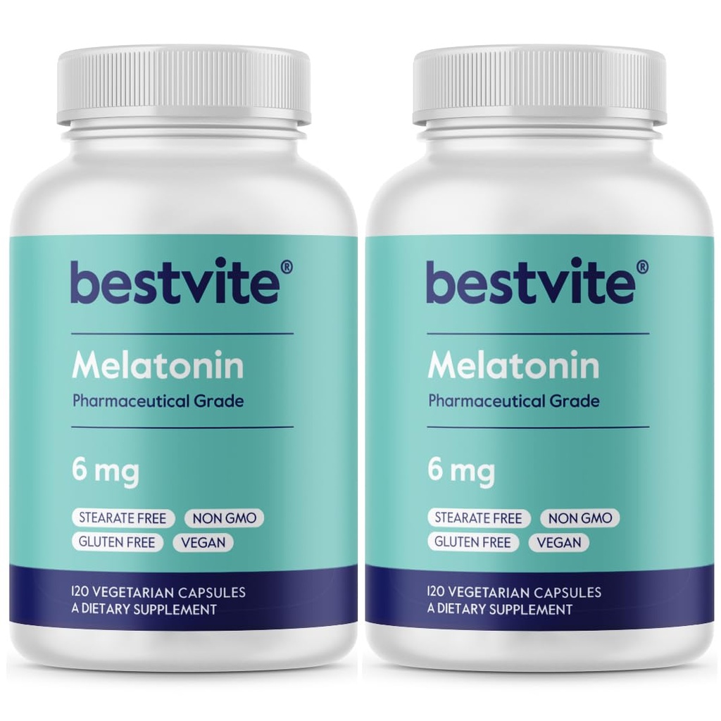 BESTVITE Melatonine 6mg (240 Vegetarische Capsules) (120 x 2) - Geen Stearates - Veganistisch - Niet GGO - Glutenvrij