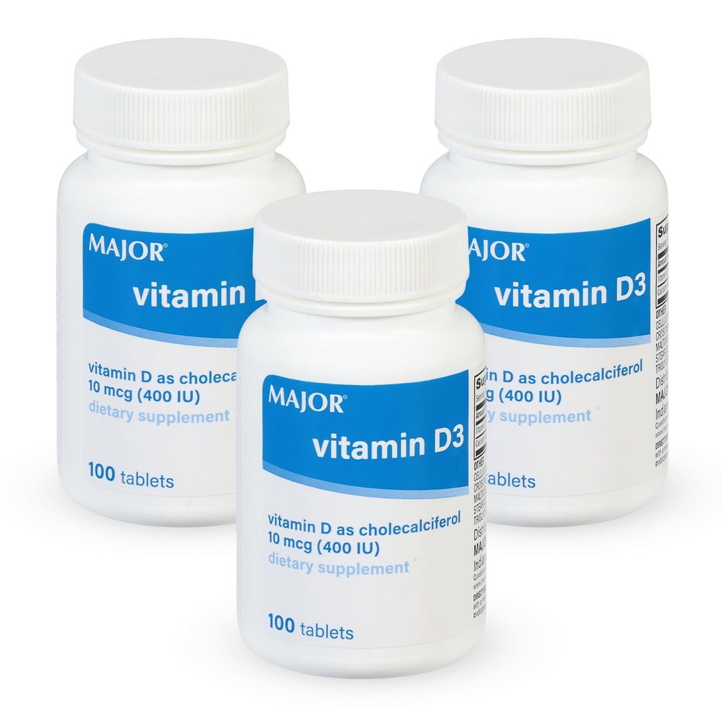 MAJOR Vitamin D3 10mcg (400 IU) - Contains 25mg of Calcium - Dietary Supplement - 100 Tablets (3 Pack)