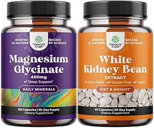 Lot de Glycinate de magnésium 400mg Capsules et haricot blanc Booster d'énergie - Pilule d'extrait de haricot blanc et suppléments végétariens naturels