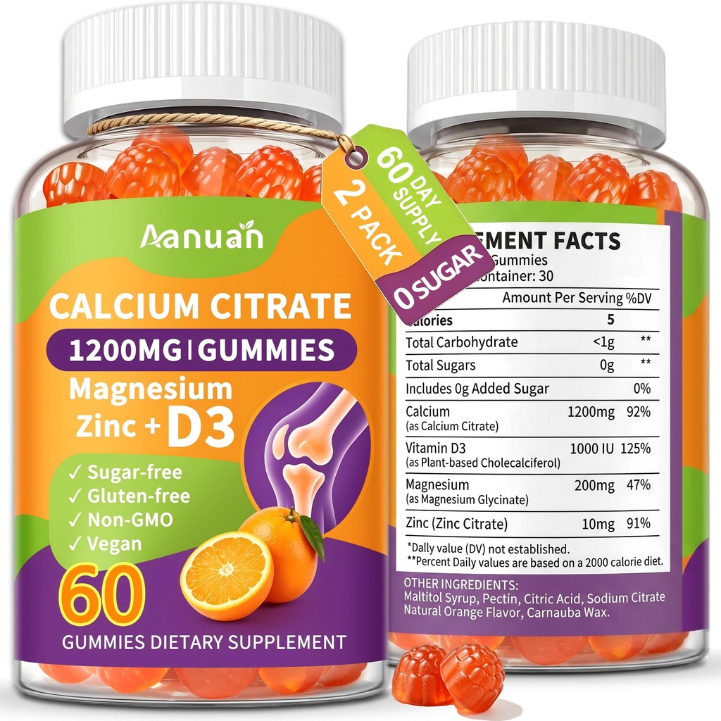 (2 Pack) Calcium Citrate 600-1200mg Magnesium Zinc D3 Gummies for Women Men | Calcium Supplements For Bone, Teeth & Muscle Healthy, High Absorption, Sugar Free, Vegan, Non-GMO, Pectin-Based,Orange Flavor