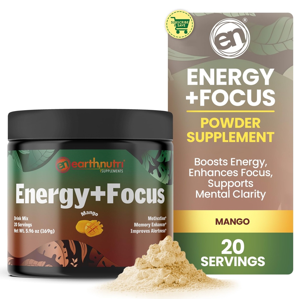 EarthNutri Energy + Focus Powder Supplement - Energy Boost & Helpt Concentratie met PeakO2, AlphaSize, Cognizin, PurCaf, Theacrine, Acetyl L-Carnitine L-Tyrosine 