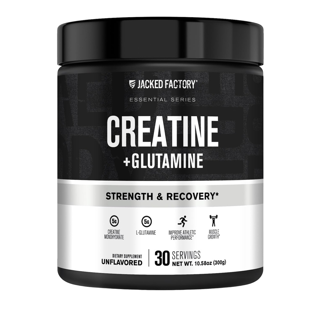 Ge Jacked Factory Creatine + Glutamine - Creatine Supplement met L-Glutamine voor spierherstel, spiergroei, verhoogde kracht, verbeterde energie-output, en Gut Health - 30 Servers, Unflavored