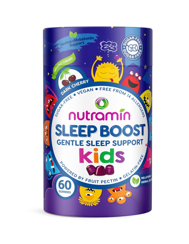 Nutracelle NUTRAMIN Kids Sleep Gummy - Sugar-Free & Vegan - 100% Natural Sleeping Aid with Melatonin Sleep Gummies for Kids - Hypoallergenic, Halal, Kosher, Non GMO, Dark Cherry - 60 Count