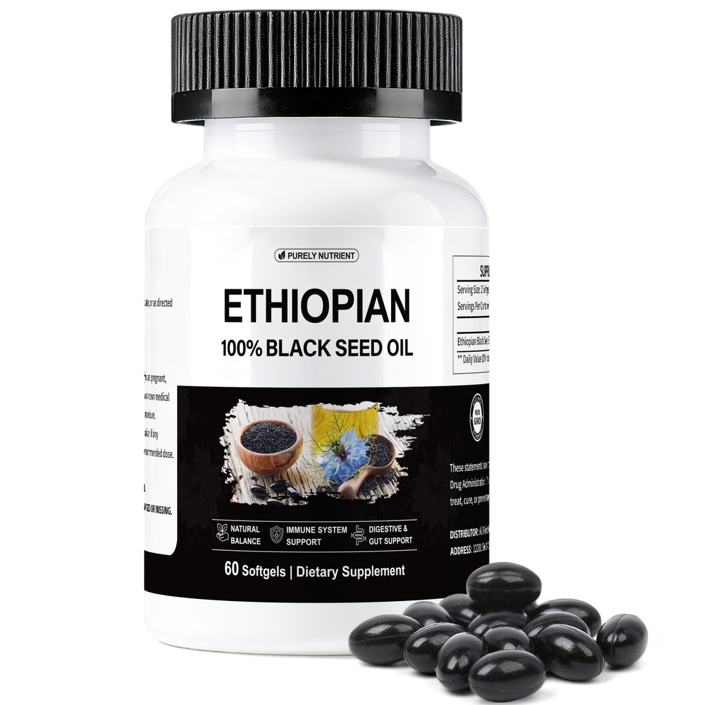 Ethiopian Black Seed Oil Capsules, Organic Cold Pressed Black Cumin Seed Oil Softgels, Immune Support, Digestive Health & Natural Energy Booster, Non-GMO Gluten-Free, 60 Count Softgels